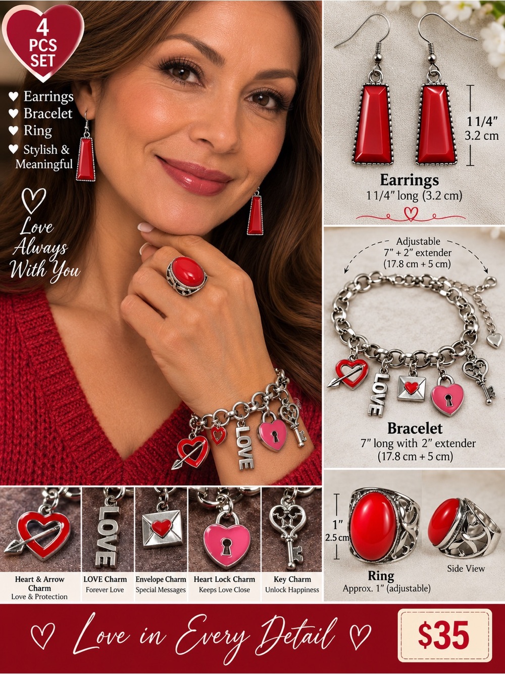 4pcsRed Heart Charm Bracelet, Earrings & Ring Jewelry Set - Love in Every Detail